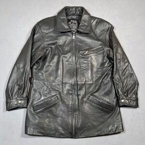 Tannery West Leather Jacket Womens Large Black Full Zip Up Collared Long No Belt